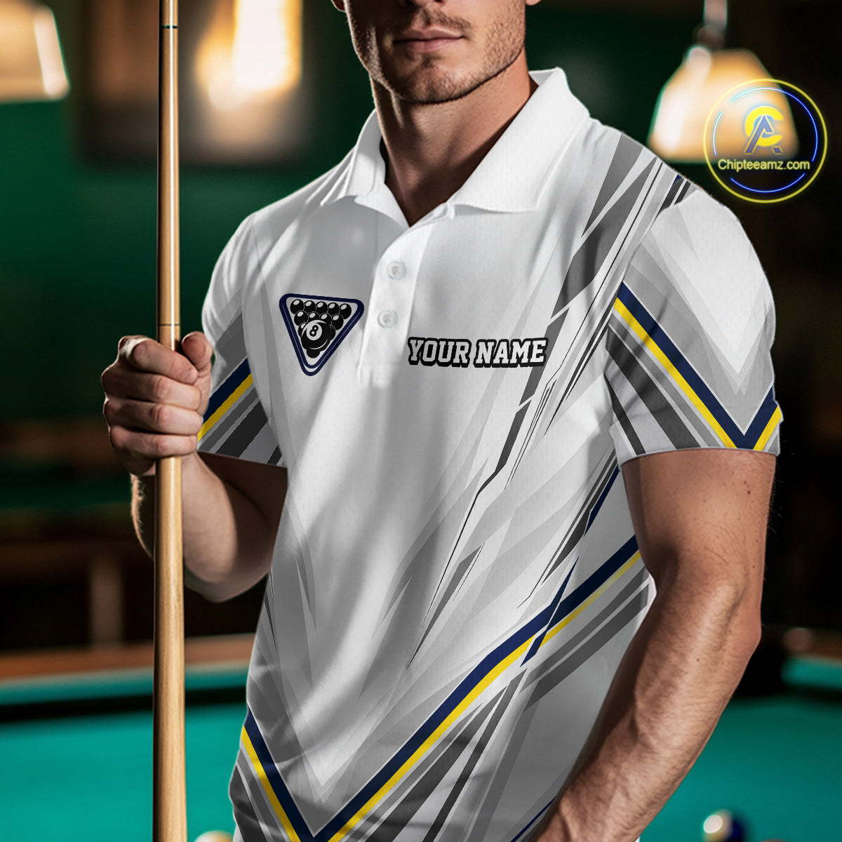 Custom Navy & Yellow Billiard Shirt for Men 10 8 Ball & 9 Ball Pool Billiard Jersey Polo & Quarter-Zip BHT151