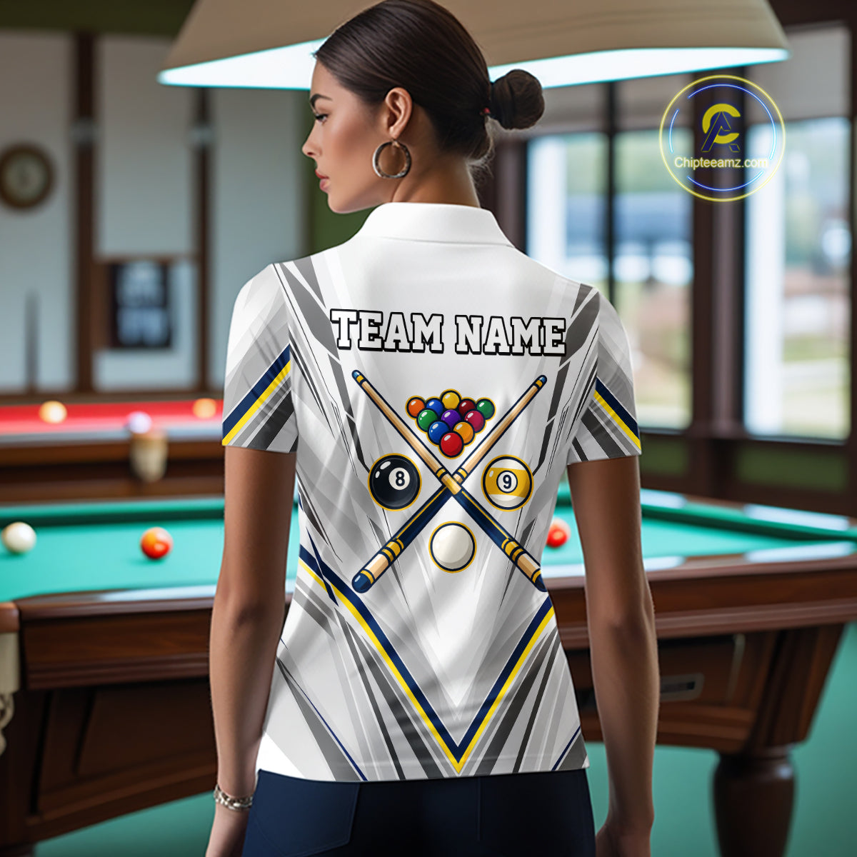 Custom Navy & Yellow Billiard Shirt for Women 10 8 Ball & 9 Ball Pool Billiard Jersey Polo & Quarter-Zip BHT151