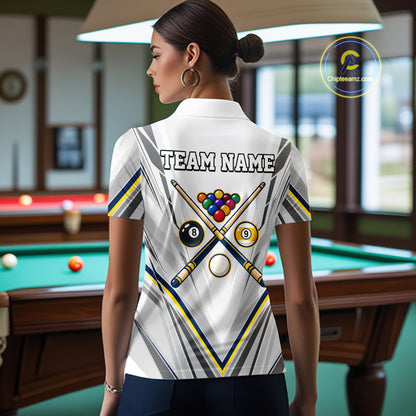 Custom Navy & Yellow Billiard Shirt for Women 10 8 Ball & 9 Ball Pool Billiard Jersey Polo & Quarter-Zip BHT151