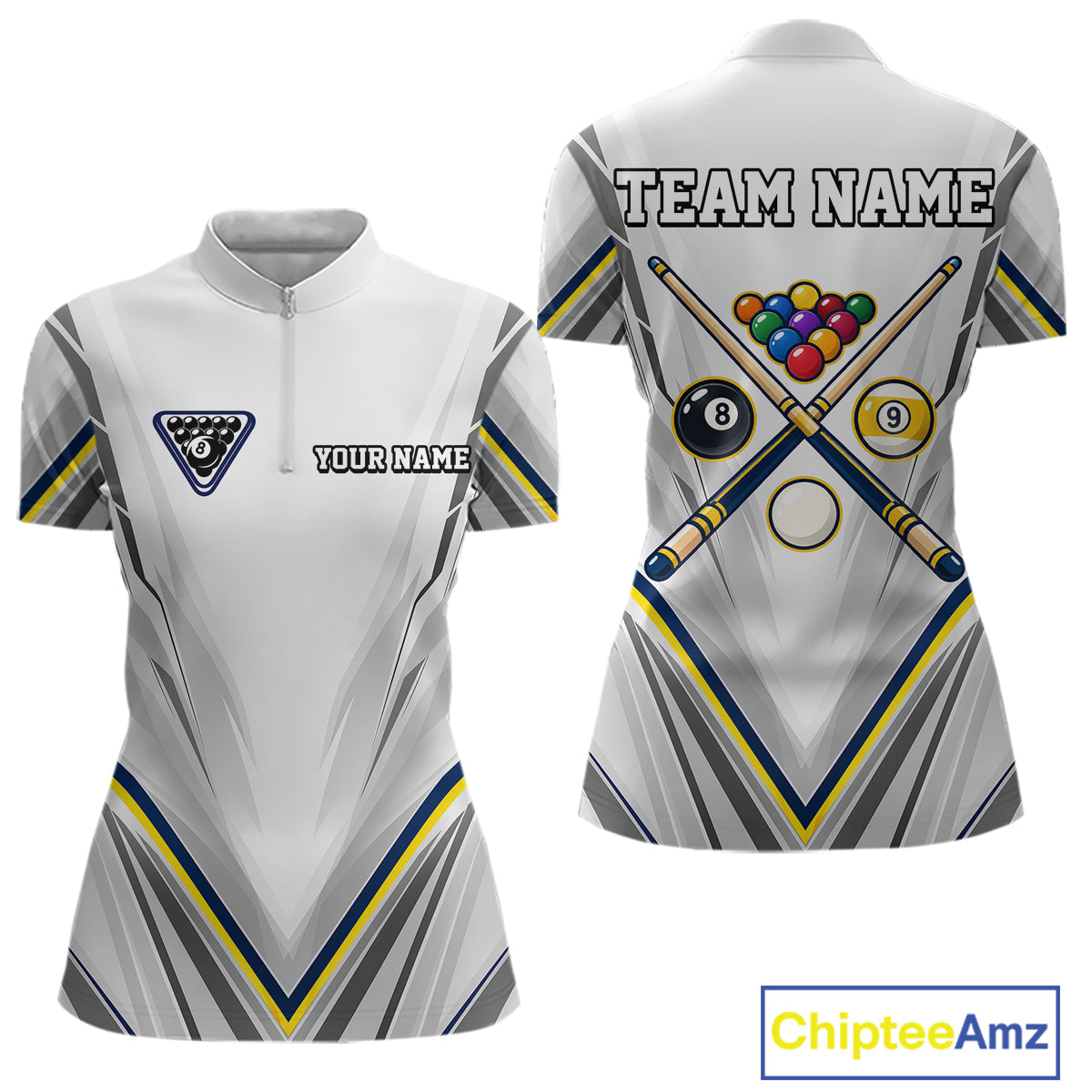 Custom Navy & Yellow Billiard Shirt for Women 10 8 Ball & 9 Ball Pool Billiard Jersey Polo & Quarter-Zip BHT151