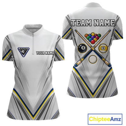 Custom Navy & Yellow Billiard Shirt for Women 10 8 Ball & 9 Ball Pool Billiard Jersey Polo & Quarter-Zip BHT151