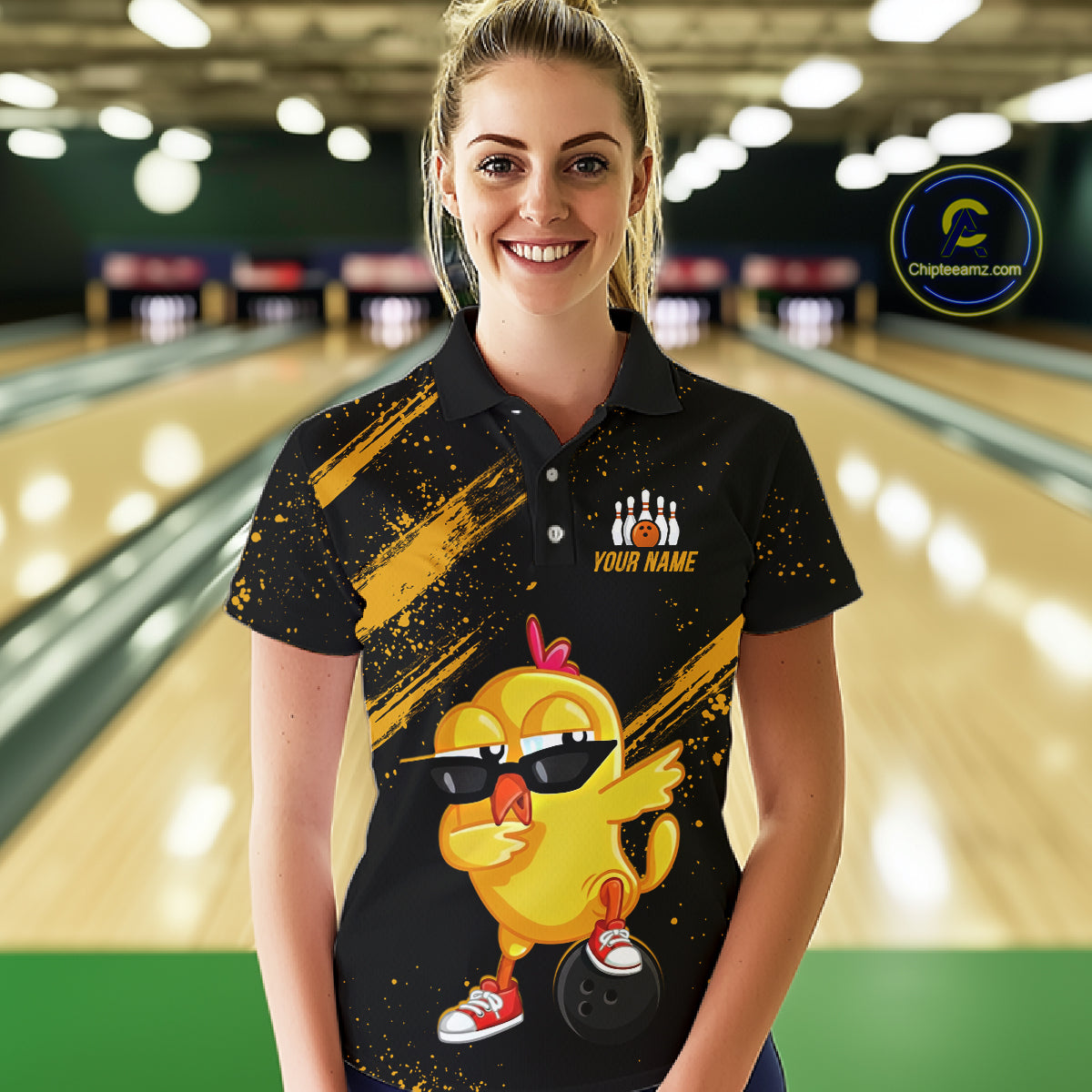 Funny Yellow Chicken Bowling Shirt Custom Polo & 1/4-Zip Bowling League Jersey for Women QZT856
