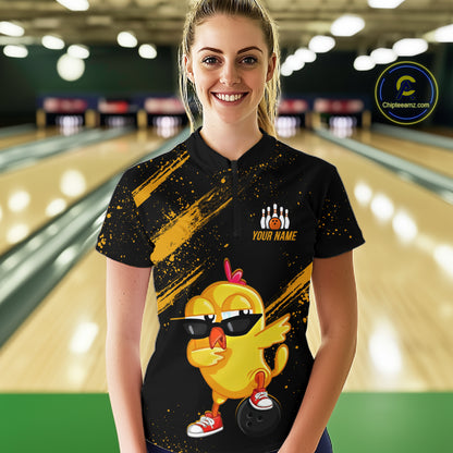 Funny Yellow Chicken Bowling Shirt Custom Polo & 1/4-Zip Bowling League Jersey for Women QZT856