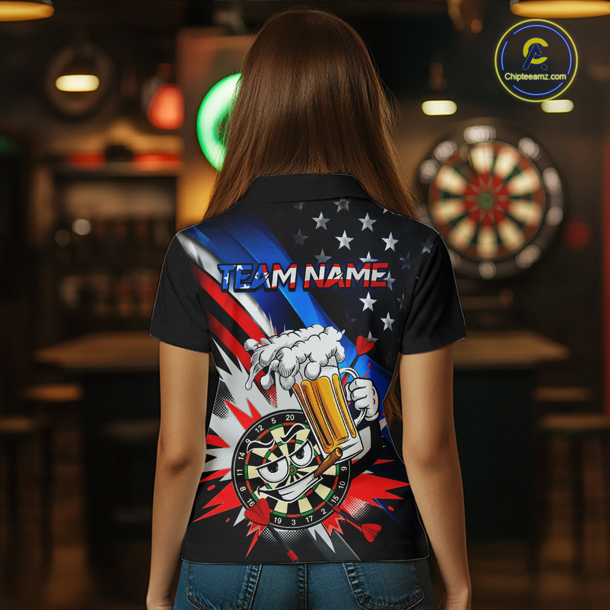 Custom American Flag Funny Beer Dart Shirt for Women Dart Team Jersey Dartboard Outfit DHT53