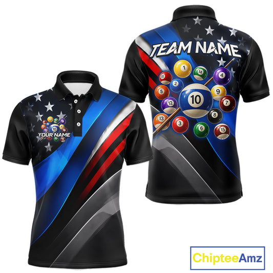 Custom American Flag Billiard Shirt for Men 10 Ball Patriotic Pool Billiard Jersey Polo & 1/4-Zip BHT153