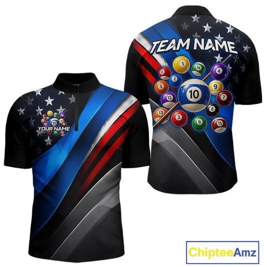 Custom American Flag Billiard Shirt for Men 10 Ball Patriotic Pool Billiard Jersey Polo & 1/4-Zip BHT153