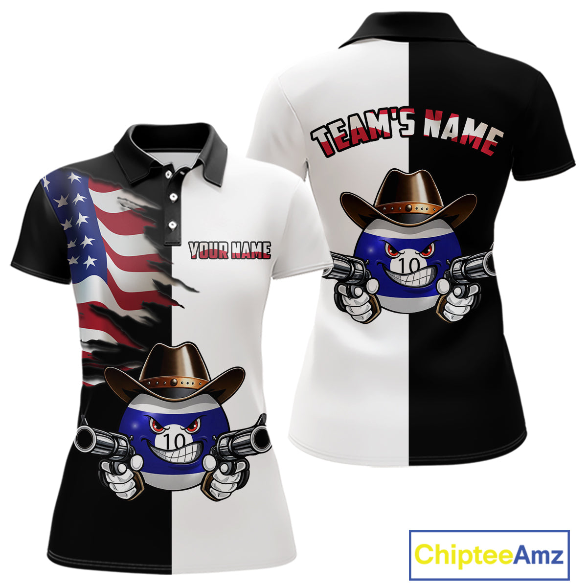 Custom American Flag Funny 10 Ball Billiard Shirt for Women Pool Billiard Jersey Polo & 1/4-Zip BHT156