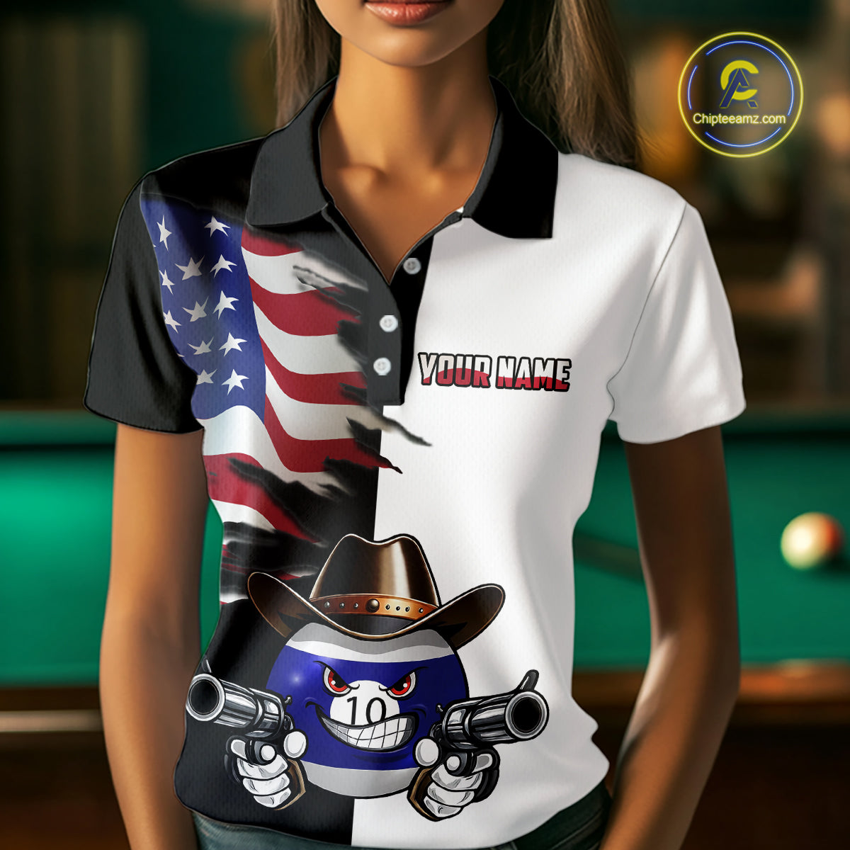 Custom American Flag Funny 10 Ball Billiard Shirt for Women Pool Billiard Jersey Polo & 1/4-Zip BHT156