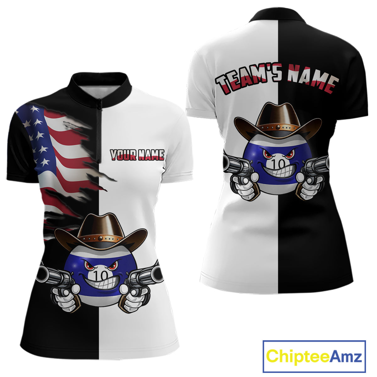 Custom American Flag Funny 10 Ball Billiard Shirt for Women Pool Billiard Jersey Polo & 1/4-Zip BHT156