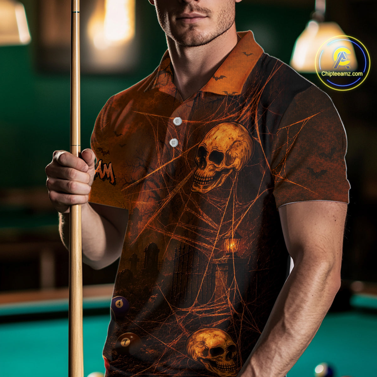 Custom Spider Skull 8 Ball Billiard Shirt for Men Halloween Pool Billiard Jersey BHT157