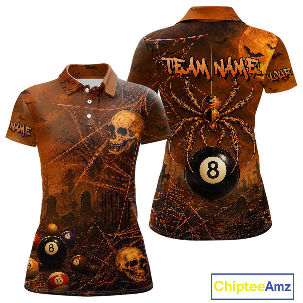 Custom Spider Skull 8 Ball Billiard Shirt for Women Halloween Pool Billiard Jersey BHT157