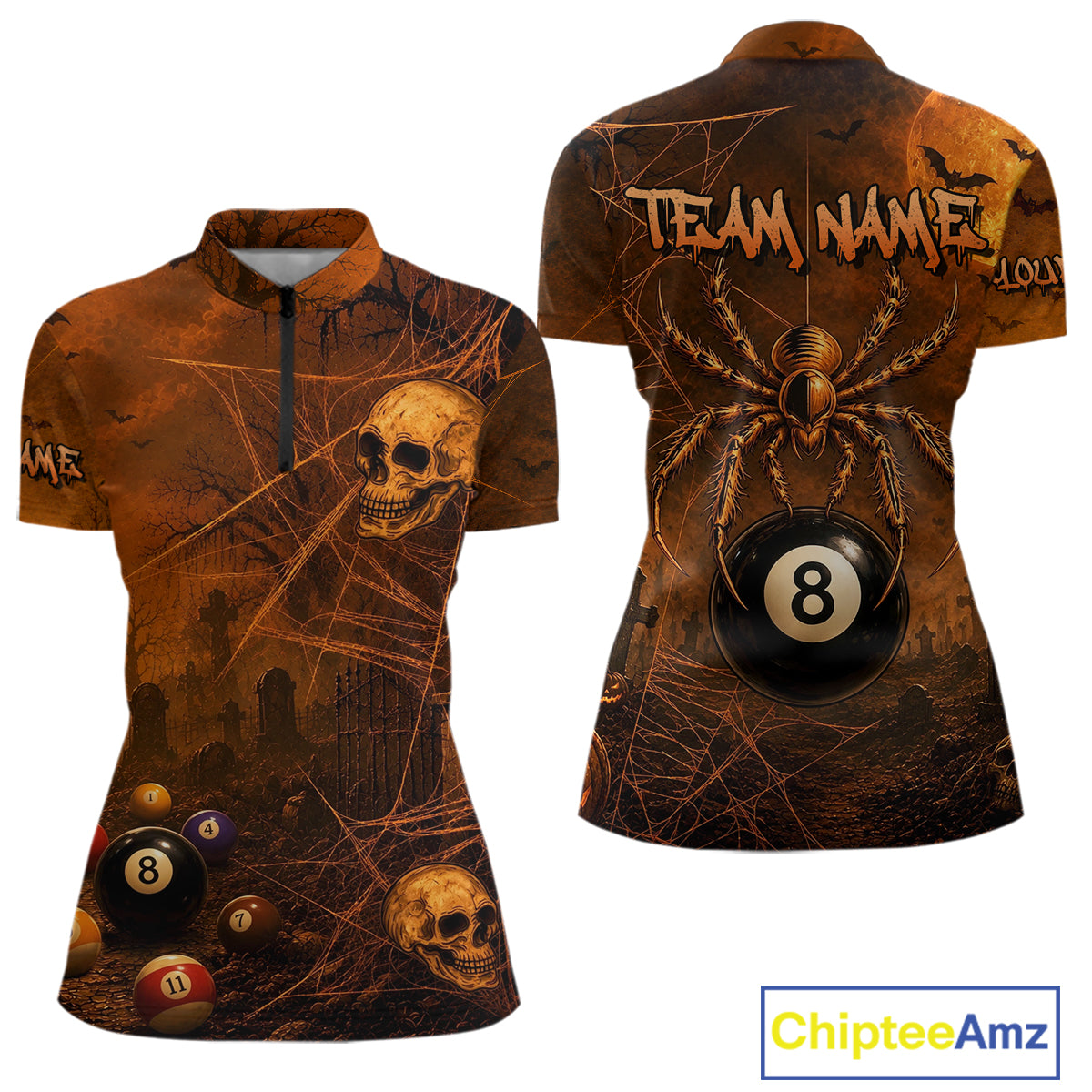 Custom Spider Skull 8 Ball Billiard Shirt for Women Halloween Pool Billiard Jersey BHT157
