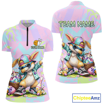Custom Funny Bunny Bowling Team Shirt for Women Easter Bowling League Jersey Polo & 1/4-Zip QZT938