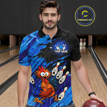 Load image into Gallery viewer, Front view male model wearing custom funny chicken bowling team shirt with cartoon chicken holding bowling ball and bowling pin graphics