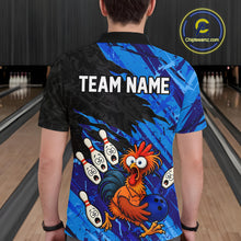 Load image into Gallery viewer, Back view male model wearing custom funny chicken bowling shirt with personalized team name design