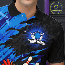Load image into Gallery viewer, Close-up collar and chest detail of custom funny chicken bowling polo shirt with personalized name and blue abstract pattern