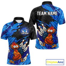 Load image into Gallery viewer, Front and back view custom funny chicken bowling team polo shirt featuring blue abstract bowling design with personalized your name and team name