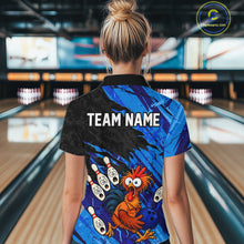 Load image into Gallery viewer, Back view female model wearing custom chicken bowling jersey with personalized team name on back
