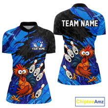 Load image into Gallery viewer, Front and back view custom funny chicken bowling team quarter-zip shirt for women featuring blue abstract bowling design with personalized your name and team name
