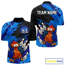 Load image into Gallery viewer, Front and back view custom funny chicken bowling team quarter-zip shirt featuring blue abstract bowling design with personalized your name and team name