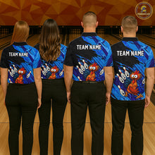 Load image into Gallery viewer, Back view team group wearing custom funny chicken bowling shirts with personalized team names at bowling alley