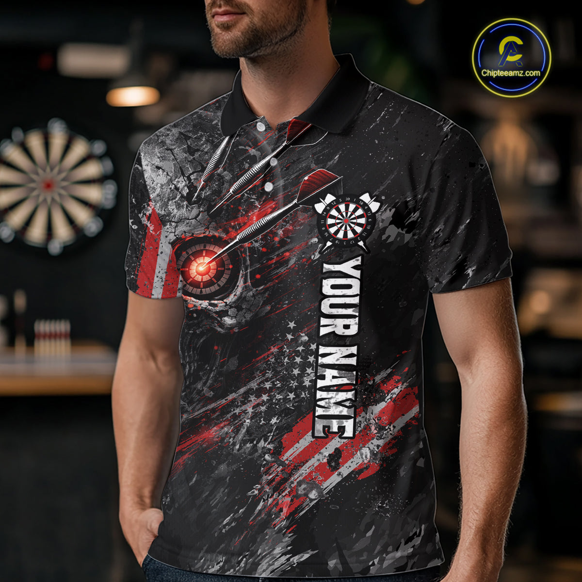 Personalized Skull Dart Team Shirt for Men Custom Red Dart Jersey Polo & 1/4-Zip Dartboard Shirt Outfit DHT23