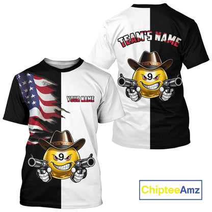 T-shirt with a design of a smiling emoji wearing a cowboy hat and holding guns, on a black and white background with American flag and text space.
