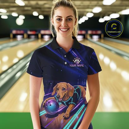 Neon Funny Dachshund Bowling Shirt Custom Bowling Team Jersey for Women Polo & Quarter-Zip Bowling Outfit QZT940