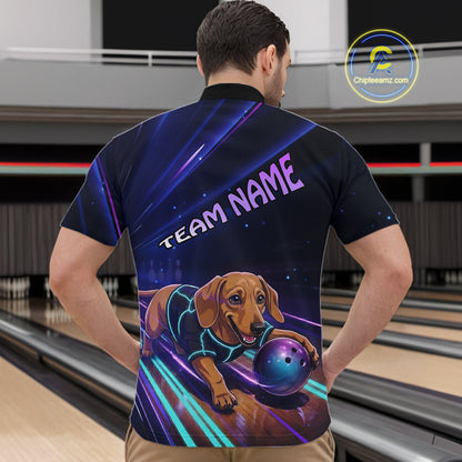 Neon Funny Dachshund Bowling Shirt Custom Bowling Team Jersey for Men Polo & Quarter-Zip Bowling Outfit QZT940