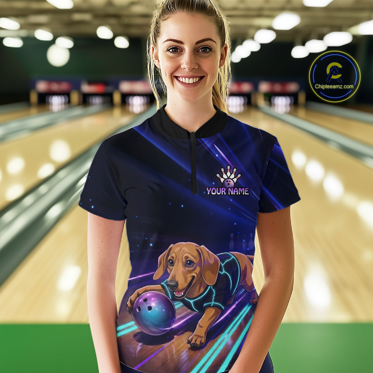 Neon Funny Dachshund Bowling Shirt Custom Bowling Team Jersey for Women Polo & Quarter-Zip Bowling Outfit QZT940