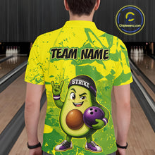 Load image into Gallery viewer, Person wearing a bright yellow and green bowling shirt with an avocado character holding a bowling ball on a bowling alley.