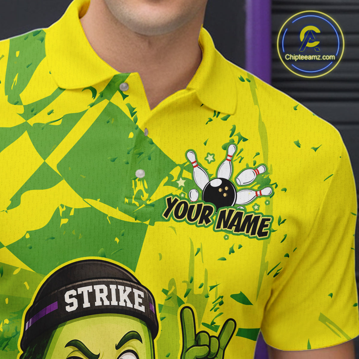 Yellow and green bowling-themed shirt with customizable text on a person wearing it.