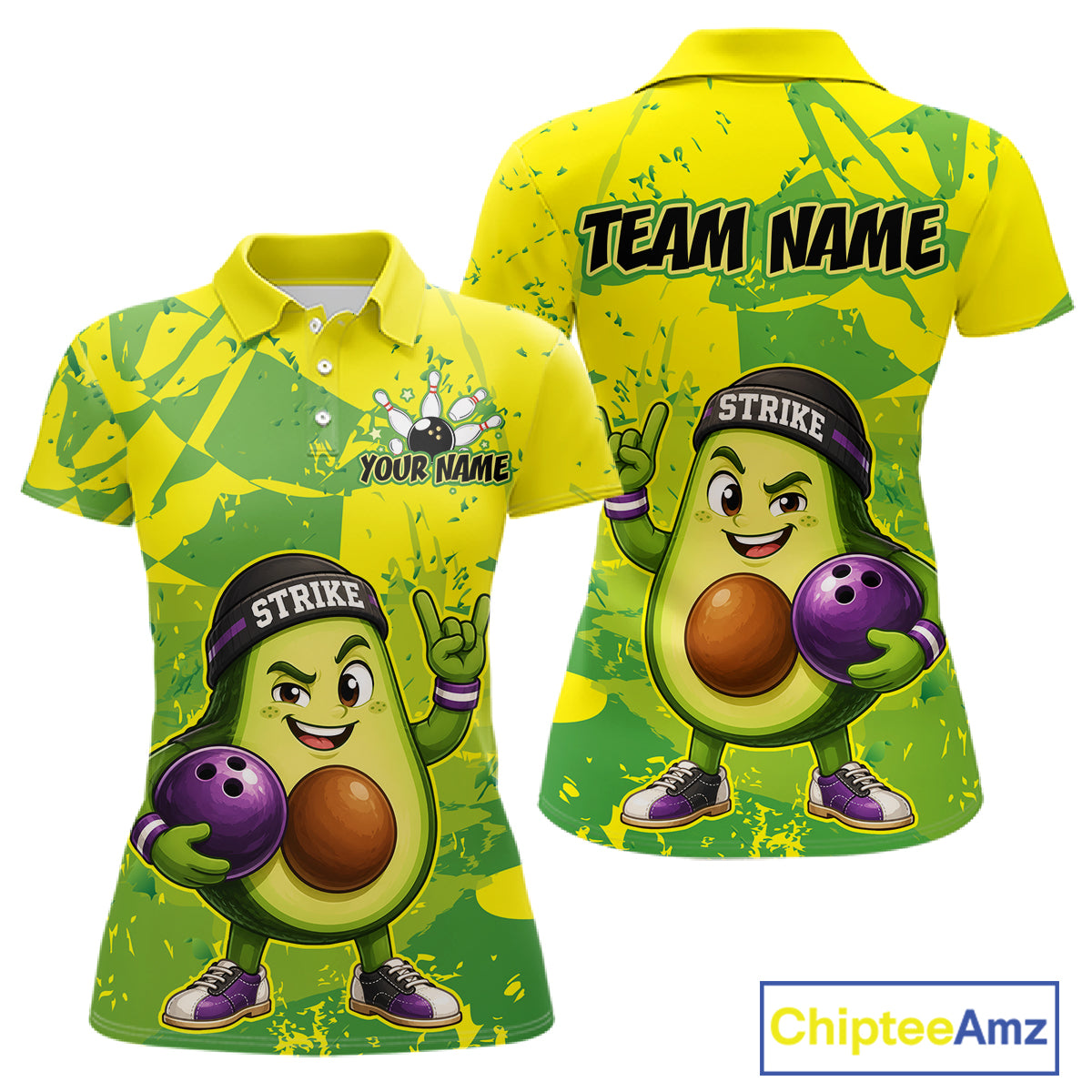 Two yellow and green view of polo shirts with an avocado character holding a bowling ball, one with 'Team Name' and 'Your Name' text, the other with 'Strike' and 'Strike' text, on a white background.