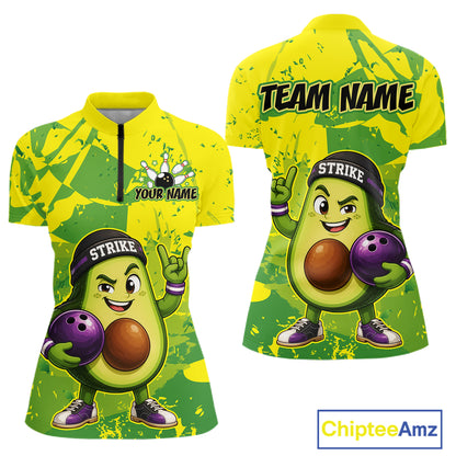Avocado-themed bowling jersey with character design and customizable text on a white background