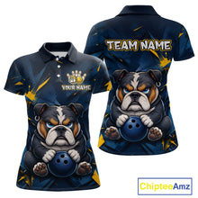 Load image into Gallery viewer, Front and back view custom blue bulldog bowling polo shirt featuring a fierce cartoon bulldog with bowling ball, gold lightning accents and navy blue abstract pattern, personalized with team name and player name