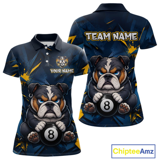 Front and back views of a blue and yellow short-sleeve polo shirt featuring a printed splash design with a bulldog holding a pool ball, plus customizable text areas on the chest and back.