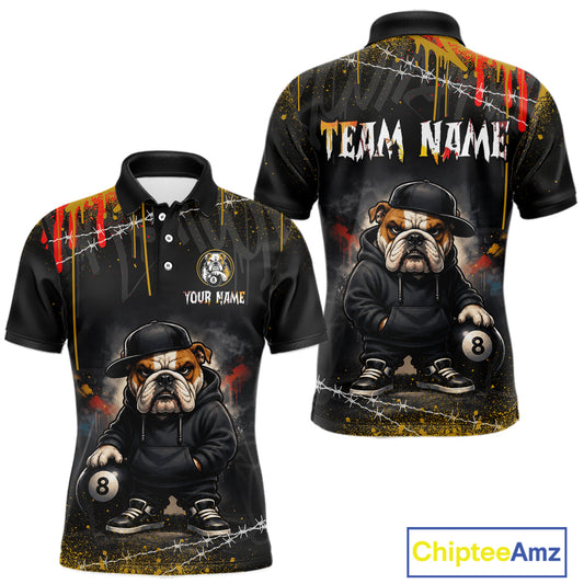 Street style short-sleeve polo shirt shown from front and back with a funny hip hop bulldog print holding an 8-ball, and customizable text areas including 'TEAM NAME' and 'YOUR NAME'.