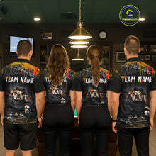 Load image into Gallery viewer, A back view of a team of four pool players standing in a line in front of a  pool table in a billiards room. All four are wearing the back view of the custom hip hop bulldog billiards polo shirt, which features a large white 'TEAM NAME' text placeholder, and a bulldog and 8-ball motif. 