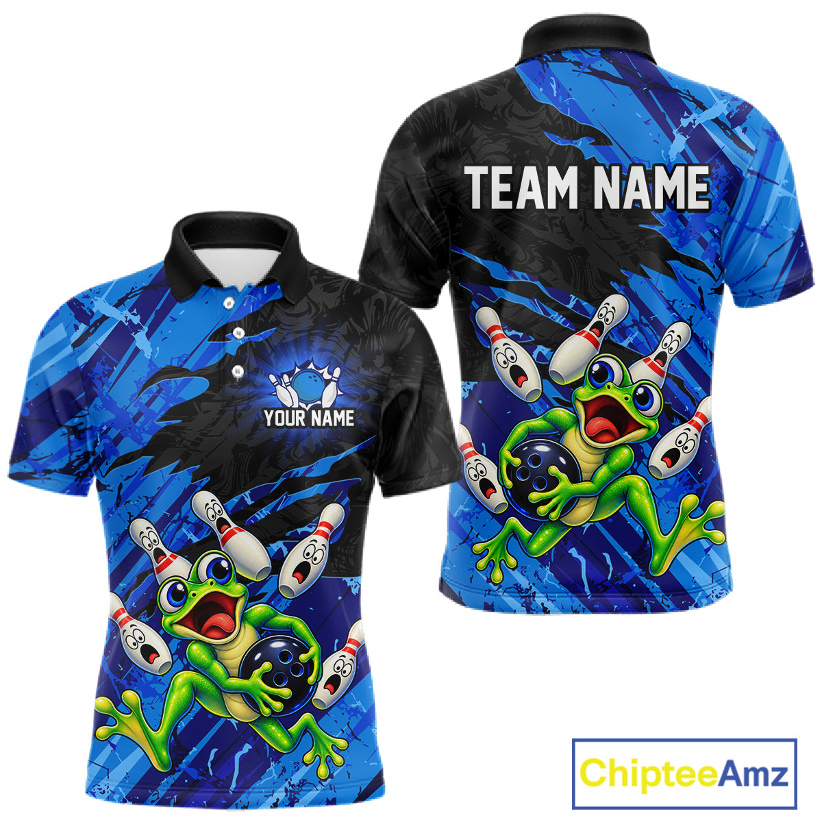 Custom Blue Funny Frog Bowling Shirt for Men Bowling Team Jersey QZT1271