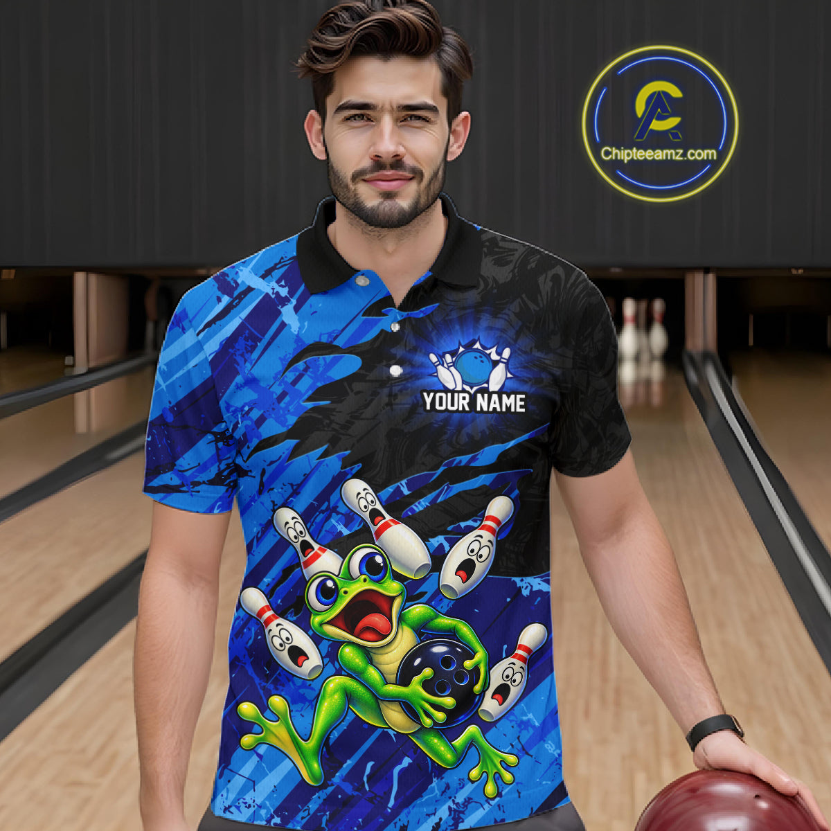 Custom Blue Funny Frog Bowling Shirt for Men Bowling Team Jersey QZT1271