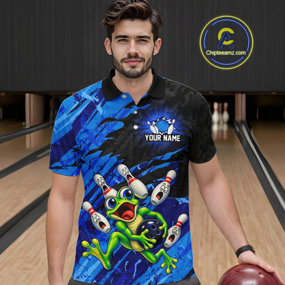 Custom Blue Funny Frog Bowling Shirt for Men Bowling Team Jersey QZT1271