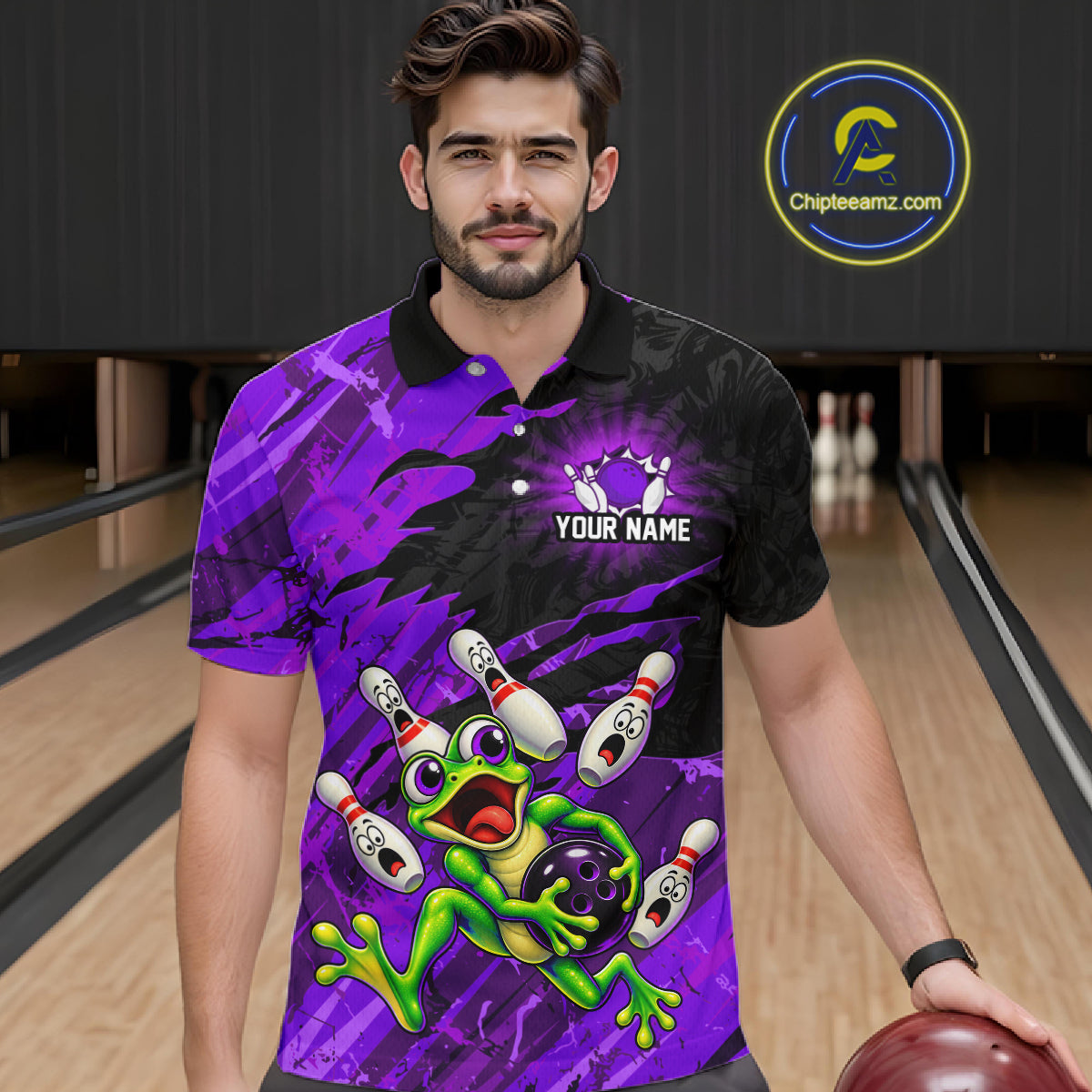 Custom Purple Funny Frog Bowling Shirt for Men Bowling Team Jersey QZT1271