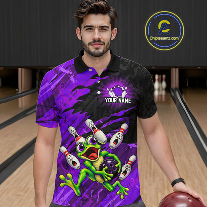 Custom Purple Funny Frog Bowling Shirt for Men Bowling Team Jersey QZT1271