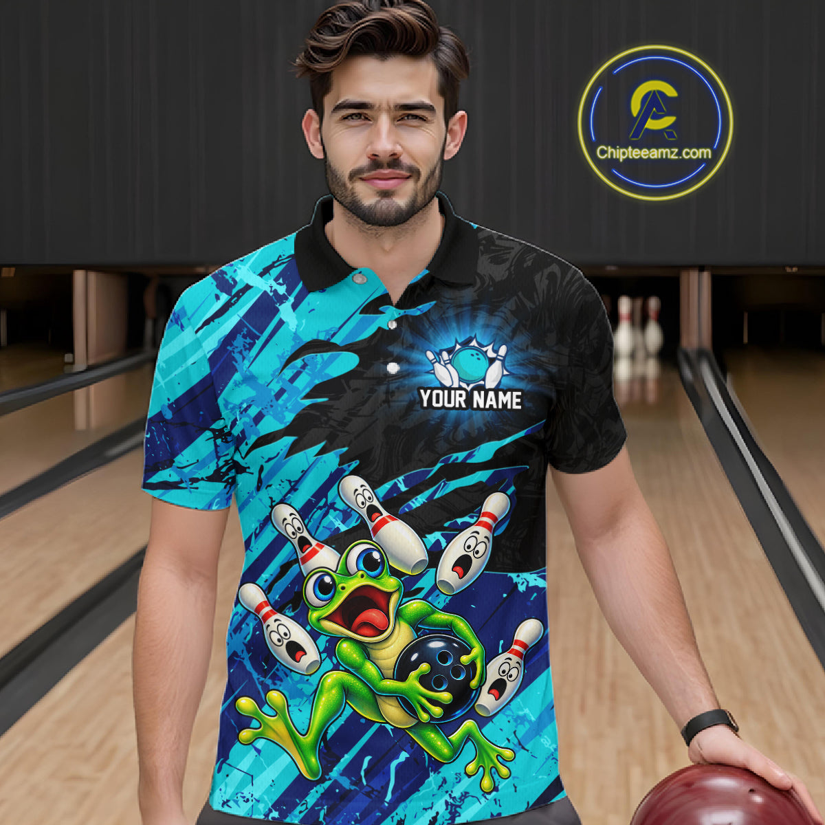 Custom Cyan Funny Frog Bowling Shirt for Men Bowling Team Jersey QZT1271