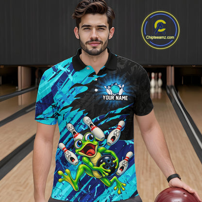 Custom Cyan Funny Frog Bowling Shirt for Men Bowling Team Jersey QZT1271