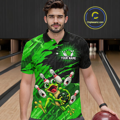 Custom Green Funny Frog Bowling Shirt for Men Bowling Team Jersey QZT1271