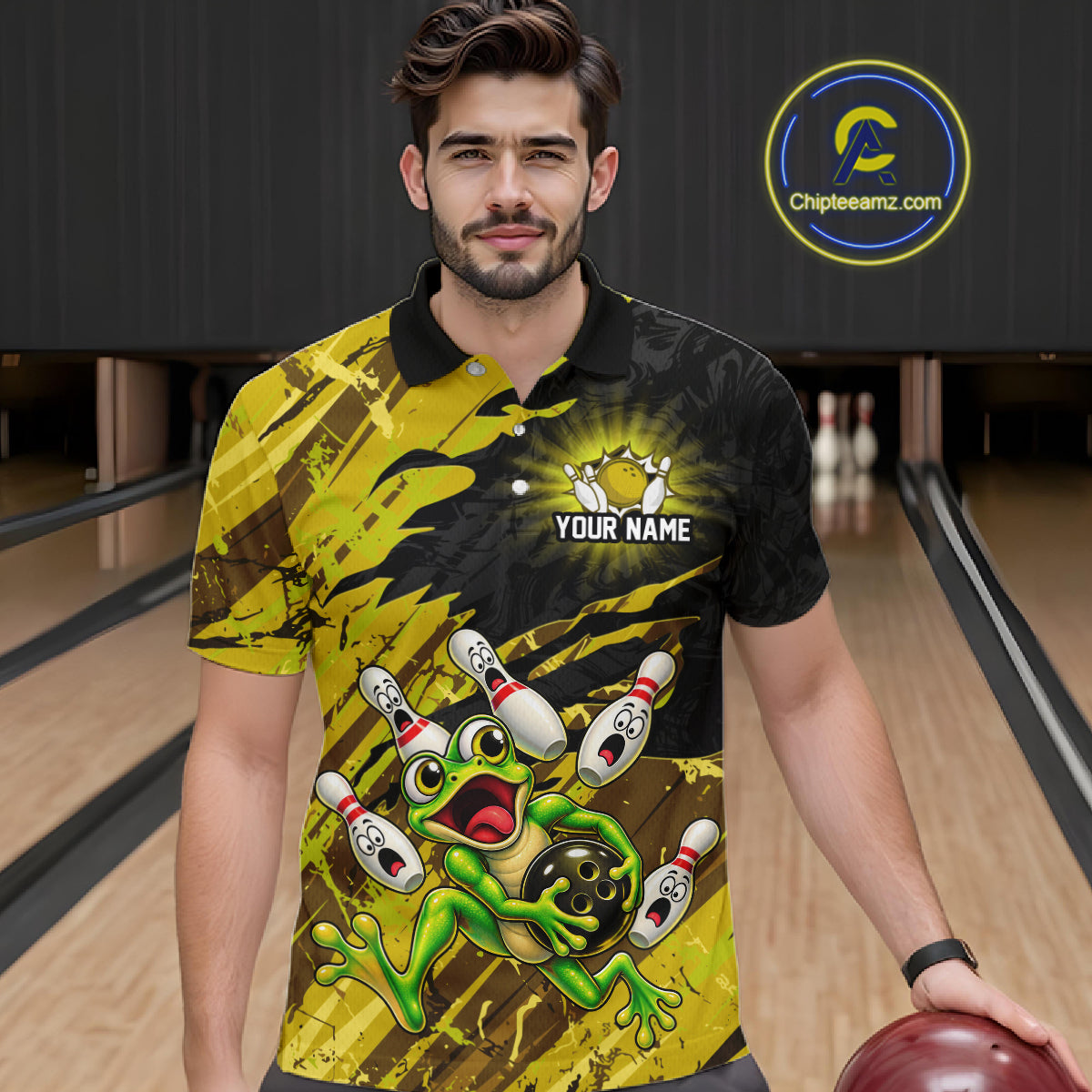 Custom Yellow Funny Frog Bowling Shirt for Men Bowling Team Jersey QZT1271