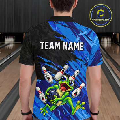 Custom Blue Funny Frog Bowling Shirt for Men Bowling Team Jersey QZT1271