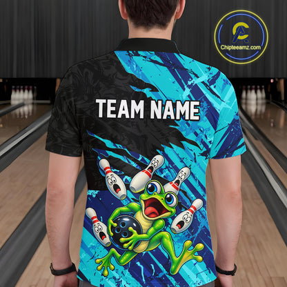 Custom Cyan Funny Frog Bowling Shirt for Men Bowling Team Jersey QZT1271