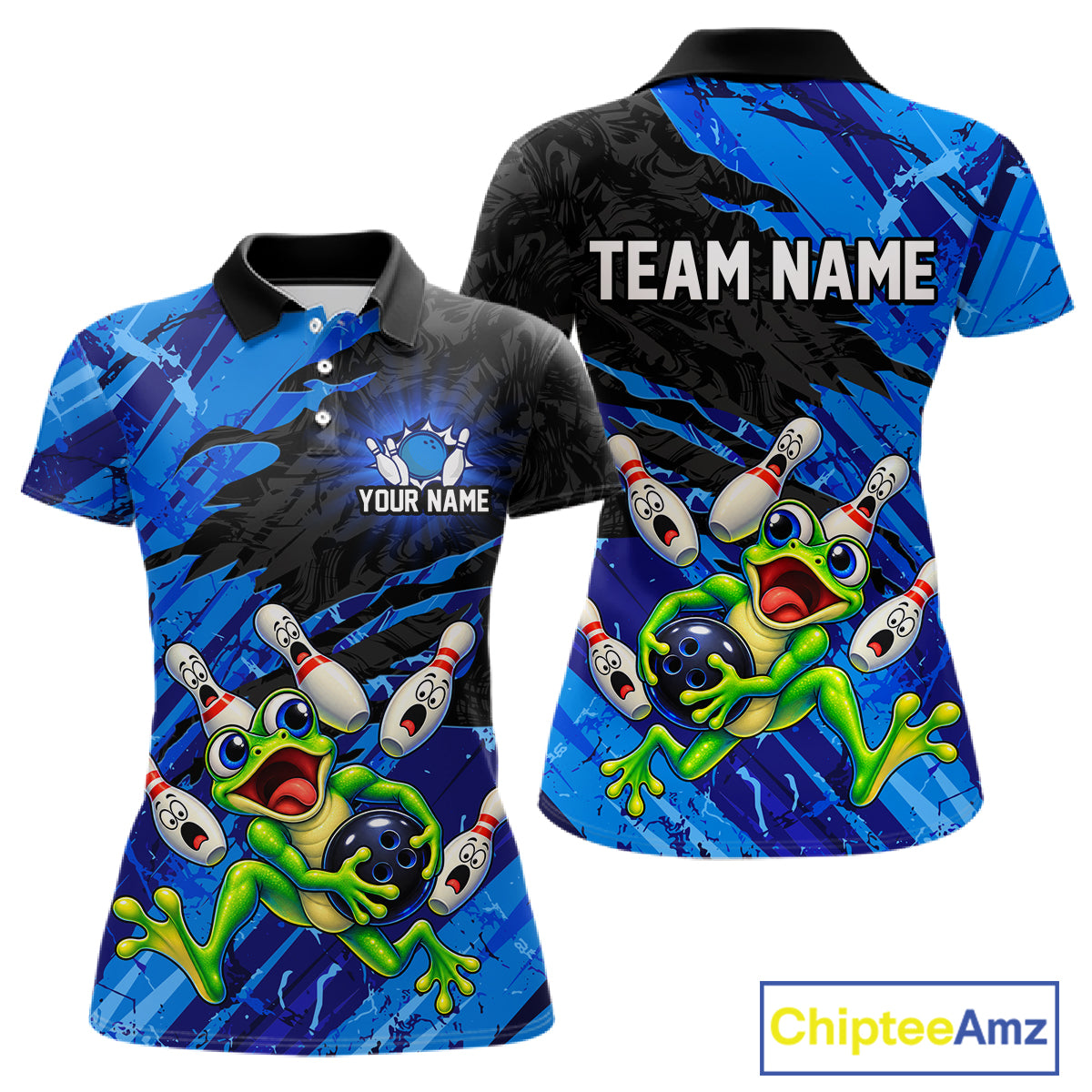 Custom Blue Funny Frog Bowling Shirt for Women Bowling Team Jersey QZT1271